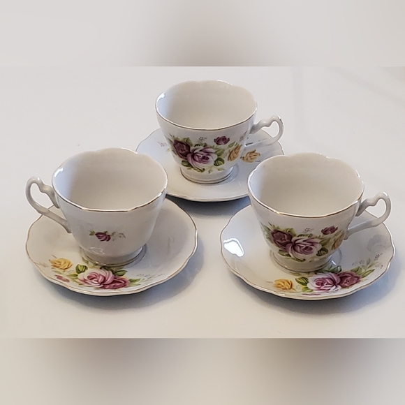 (3) Pink & Yellow Roses Porcelain Teacups & Saucers with Gold Trim - Picture 3 of 11
